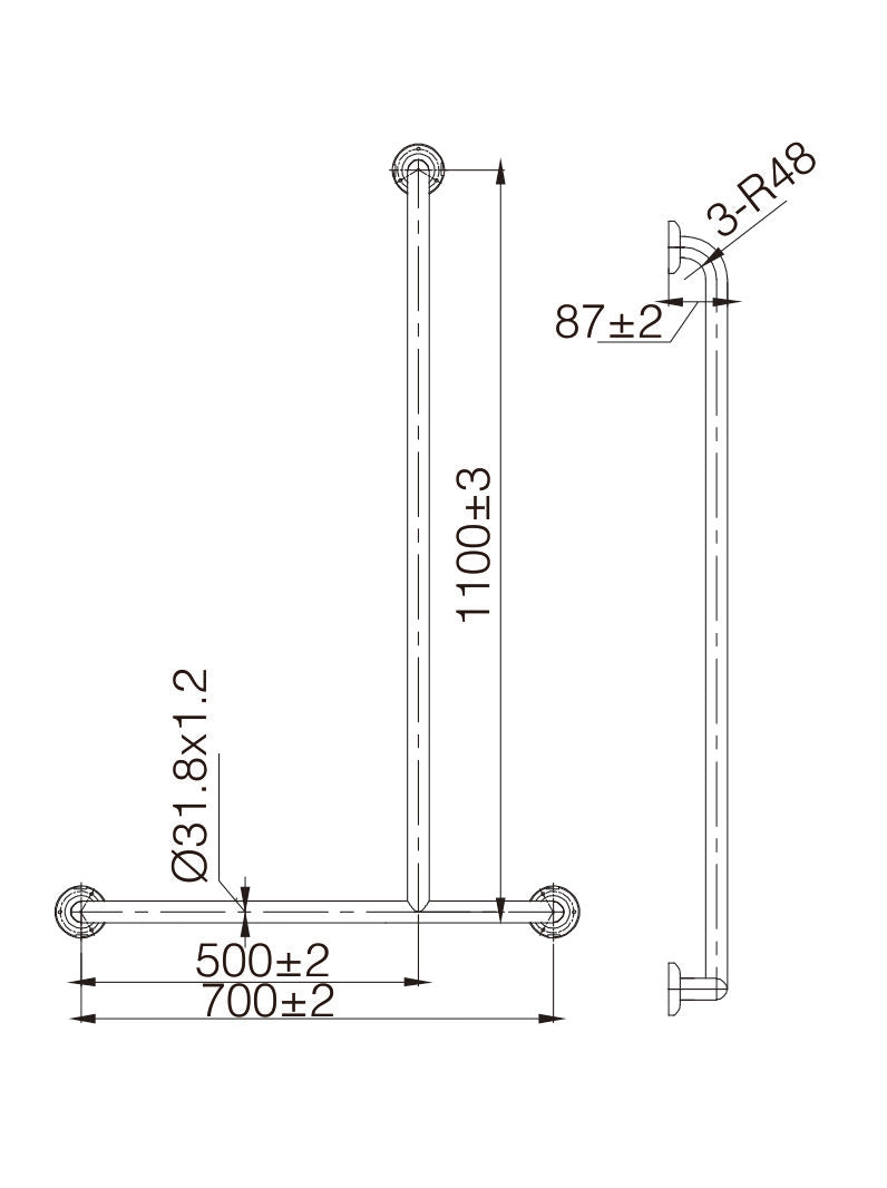 MOBI CARE T Shape Shower Rail - Matte Black - Right Hand