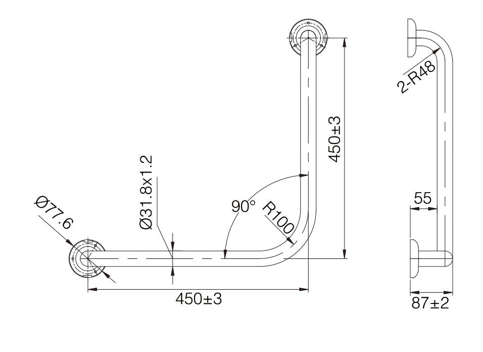 MOBI CARE 450 x 450mm 90 Degree Grab Rail Matte Black