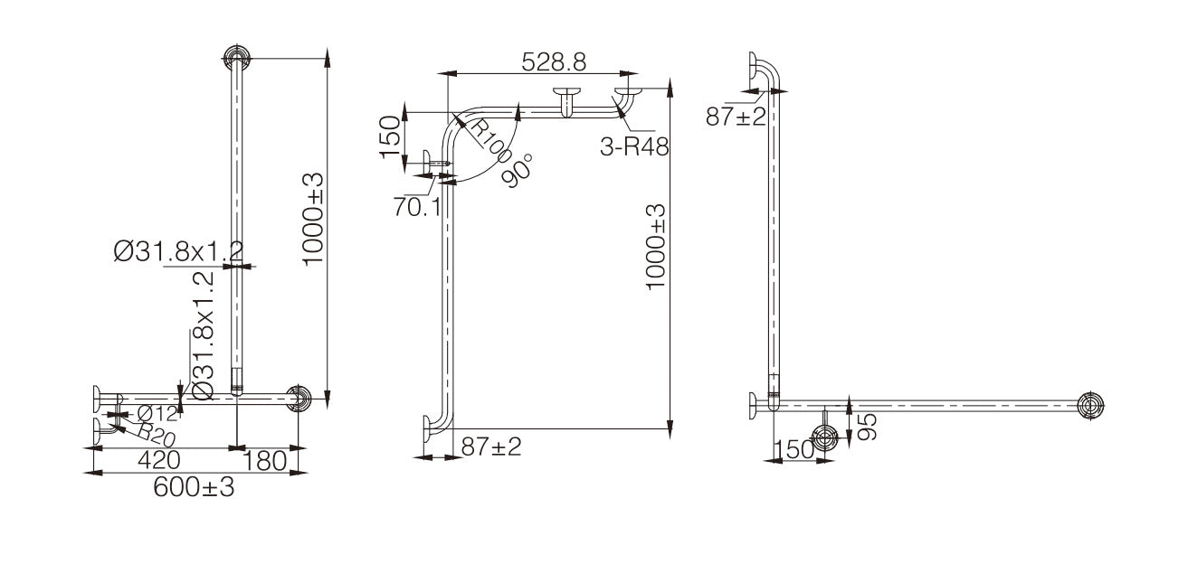 MOBI CARE L-SHAPE with Extension Shower Grab Rail - Right Hand