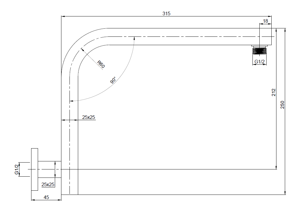 DOCCIA Square Rise Up Shower Arm Chrome 330mm