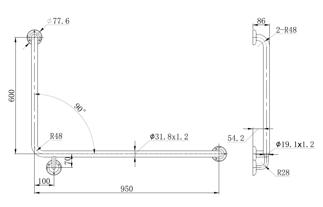 MOBI CARE 950 x 600 Grab Rail Stainless Steel