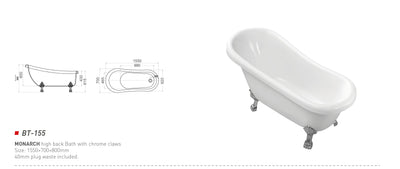 MONARCH Claw Bath F/St 1550mm