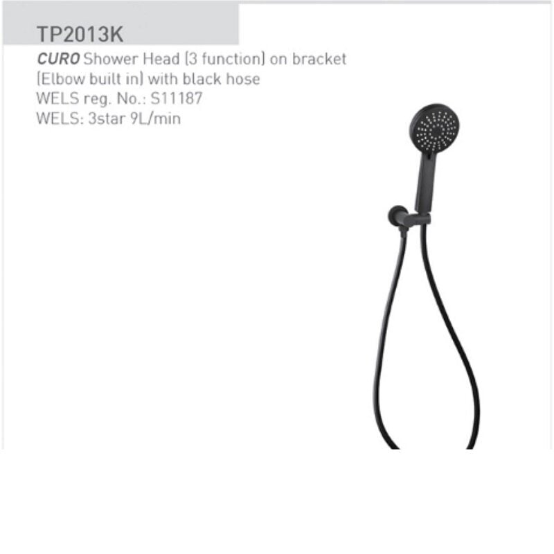 CURO Shower Head ( 3 Function) on Bracket ( Elbow built in) with Black Hose
