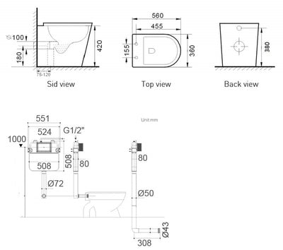 BRAVO-II Rimless in wall cistern toilet suite. R & T cistern, black or chrome button available.