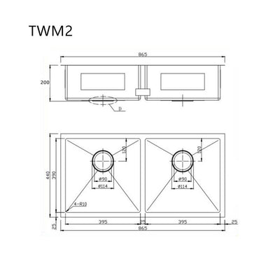 865*440*200mm Hand-made Double Kitchen Sink(Round Edges)