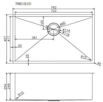 762*457*254mm Hand-made Single Bowl Kitchen Sink(Round Edges)