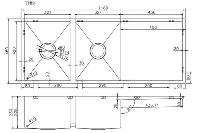 1160x460x230mm 1.2mm Handmade Top/Undermount Double Bowls Kitchen Sink