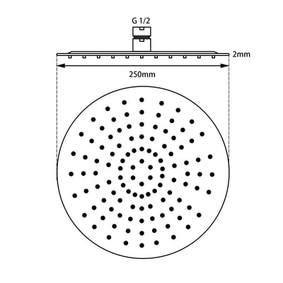 Super-slim Round Black Rainfall Shower Head 250mm