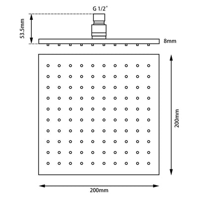 Square Black Rainfall Brass Shower Head 200mm