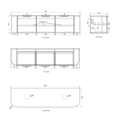 Bondi Satin White Fluted 1800X460 Curve Vanity