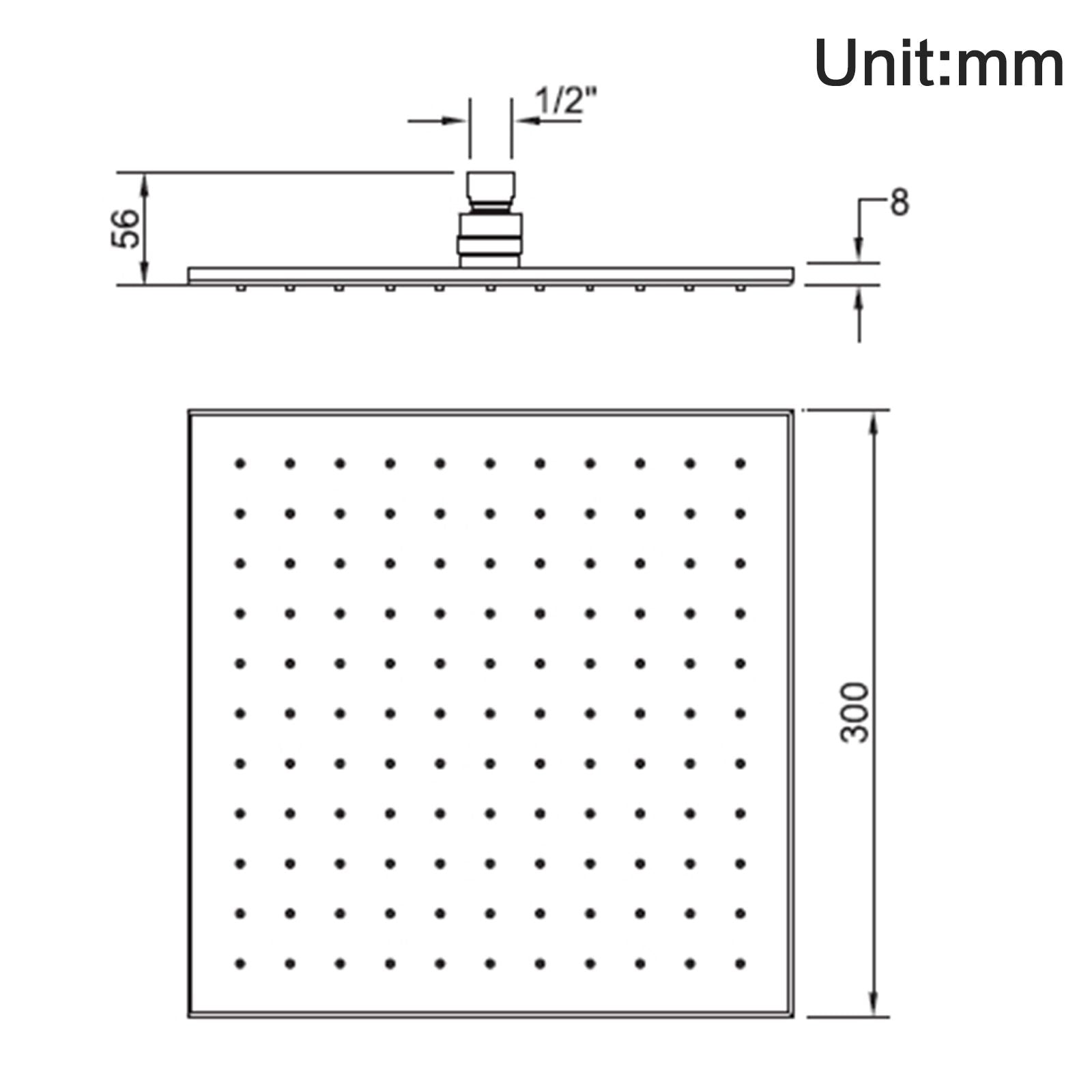 Square Chrome Brass Rainfall Shower Head 300mm