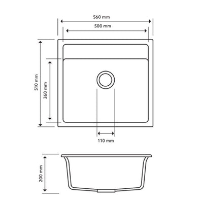 560 x 510 x 200mm Carysil Waltz 560 Single Bowl Granite Top/Flush/Under Mount Kitchen/Laundry Sink