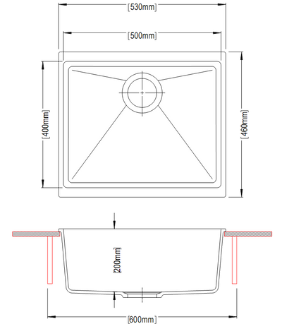 530 x 460 x 200mm Carysil Enigma 100S Single Bowl Granite Kitchen/Laundry Sink Top/Flush/Under Mount