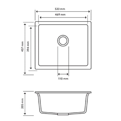 533 x 457 x 205mm Carysil Salsa Single Bowl Granite Kitchen/Laundry Sink Top/Flush/Under Mount