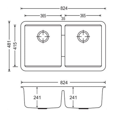 824 x 481 x 241mm Carysil CG2B3322 Double Bowls Granite Undermount Kitchen Sink