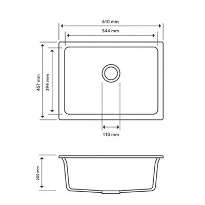 610 x 457 x 205mm Carysil Big Bowl Granite Kitchen/Laundry Sink Top/Flush/Under Moun