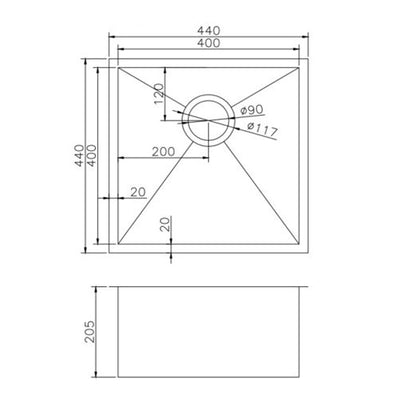 440x440x205mm Stainless Steel Handmade Single Bowl Sink for Flush Mount and Undermount