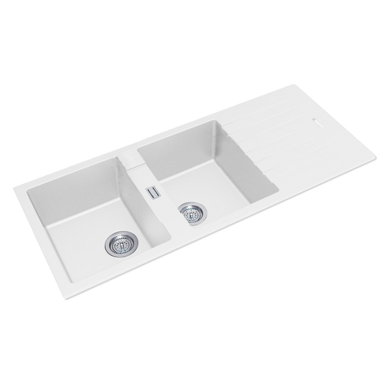 1160*500*200mm White Granite Quartz Stone Kitchen Sink Double Bowls Drainboard Top/Undermount